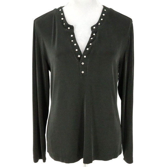 Chicos Travelers Top 2 Womens Large 12 Dark Gray Blouse Studs Slinky Career - Picture 1 of 12